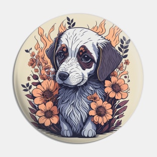 Cute puppy with Flowers Pin