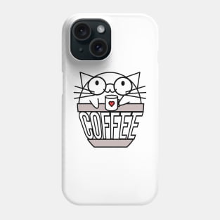 Cat in coffee cup with warped text holding coffee cup with heart wearing glasses Phone Case