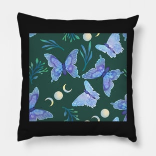 Blue Butterflies and Moon Phases on Green Pillow