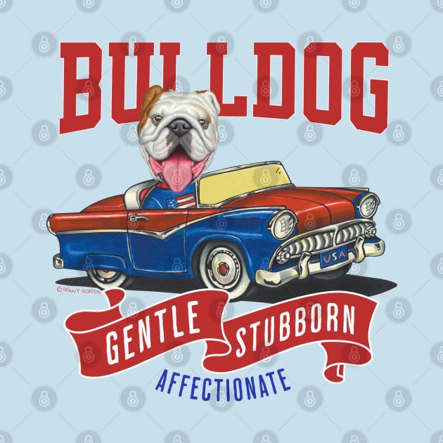 Cute and funny bulldog in a retro vintage car using red white and blue flags by Danny Gordon Art