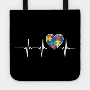 Autism Awareness Heart Shirt Autism Puzzle Heartbeat Tote