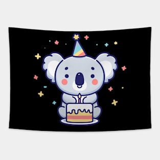 Cute koala with a birthday cake celebrating birthday party, Happy Birthday gift, kawaii cartoon Tapestry