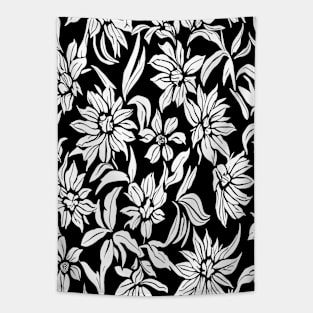 Black and White Floral Lino Print Tapestry