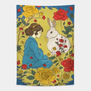 The white rabbit and the little girl on the moon Tapestry