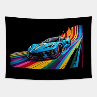 Rip Tide Blue C8 Corvette Supercar Racecar Muscle Car Rapid Blue Rainbow Road Corvette C8 Tapestry