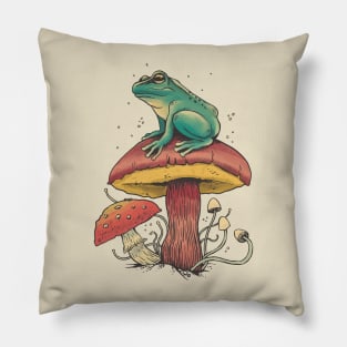 Frog sat on Mushroom Cottagecore Goblincore Forest Pillow