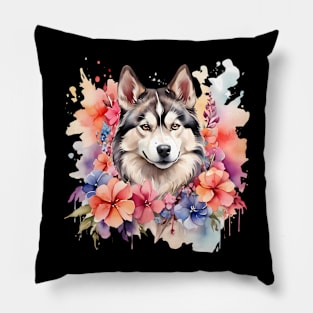 A siberian husky decorated with beautiful watercolor flowers Pillow