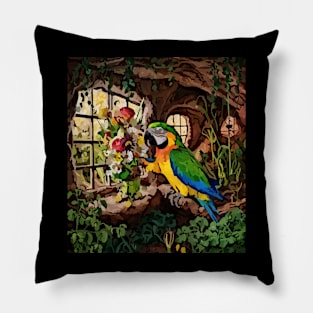 watercolor parrot with garden and mixed flowers Pillow