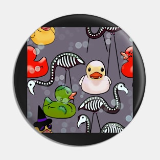 Spooky Halloween Rubber Ducks and Pink Flamingo Skeletons Gray Pin