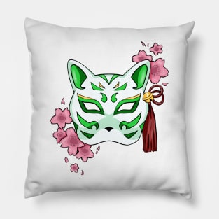 Cherry Blossom Fox Green Mask - A Playful and Elegant Design Pillow