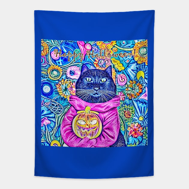Happy Halloween Floral Black Cat Tapestry by Black Cat Alley