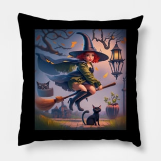 funny witch with a black cat Pillow