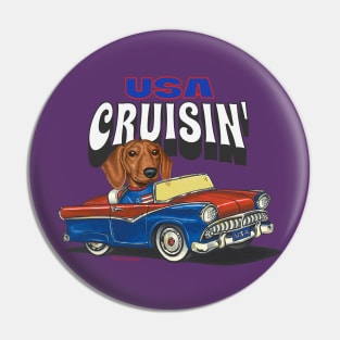 Funny and Cute Doxie Dachshund Dog driving a vintage auto cruising the USA Pin