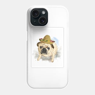 Pet portrait of Pug dog wearing Mexican hat. Watercolor painting Phone Case