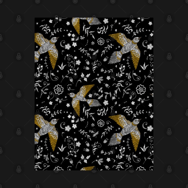 Birds And Leaf Pattern Abstract In Dark Background by Dippity Dow Five