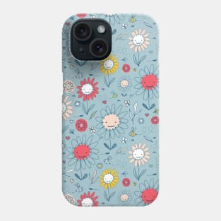 Happy Doodle Flowers Blue Phone Case