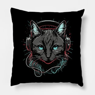 Cat in Headphones Funny Cat Gift Retro Vintage Funny Cat Pillow