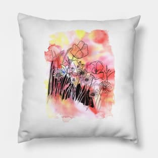 Wildflowers in ink with a watercolor background Pillow