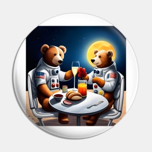 Two Teddy's in space suits having a romantic dinner on the Moon Pin