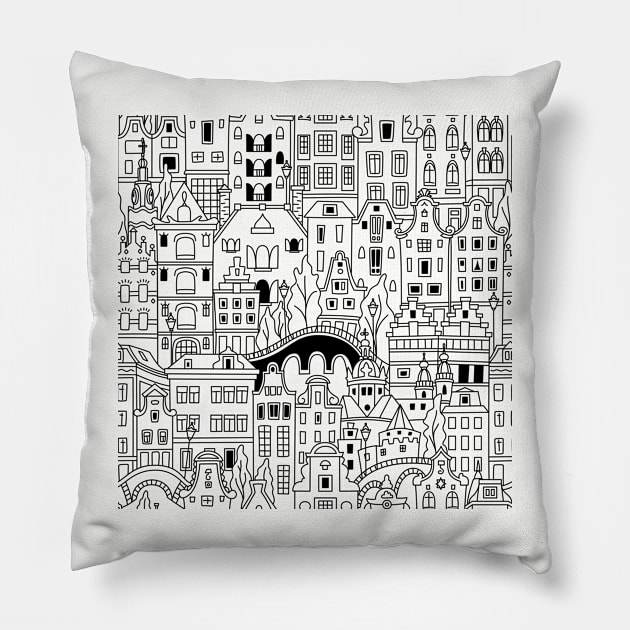 Black and white Seamless pattern, Amsterdam typical dutch houses Pillow by kavalenkava