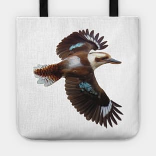 Flying Kookaburra, an Australian icon. Flashing it’s blue plumage, realistically illustrated. Tote