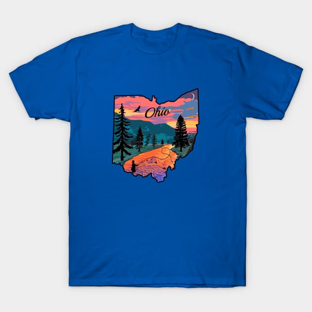 Ohio State Map Mountain Sunset River Fishing Retro - Ohio Fly Fishing -  T-Shirt