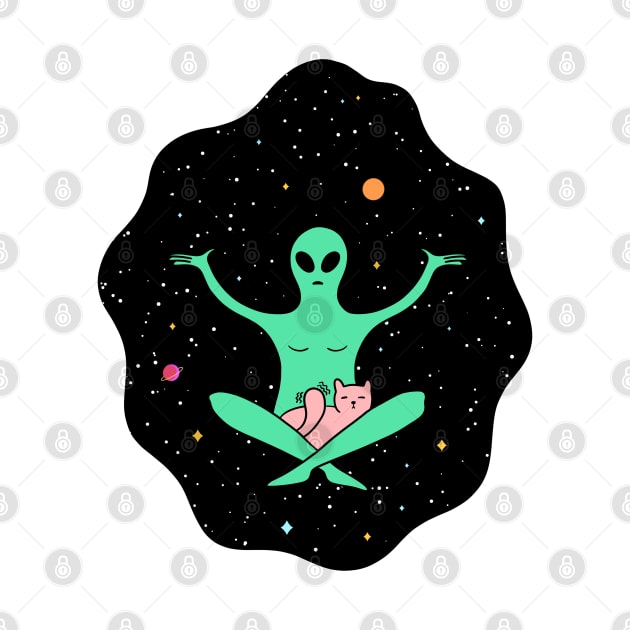 Funny Alien with a Cat Floating in Outer Space by Trippycollage