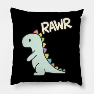 Rawr Cute Dino – Pastel Rainbow Dinosaur Cartoon Art Pillow