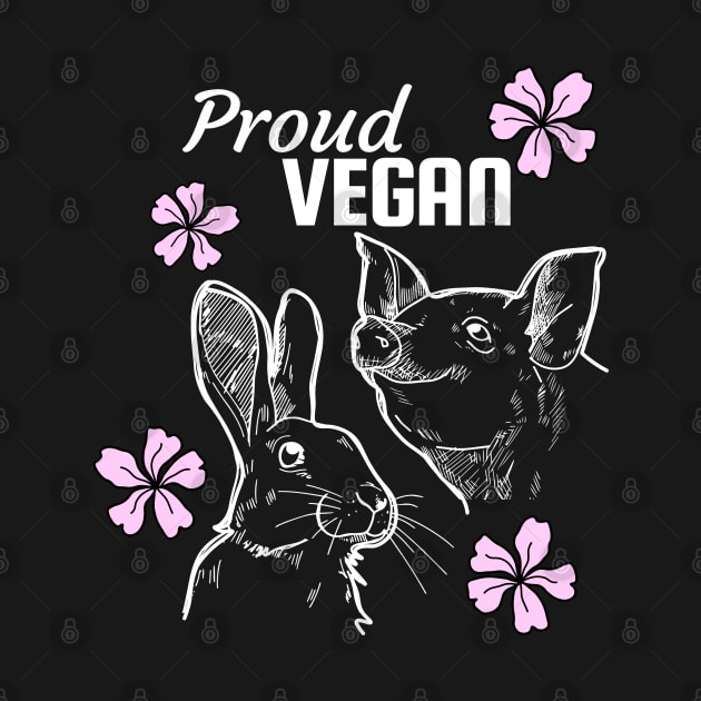 Proud vegan design featuring pig, rabbit and pink flowers by Purrfect