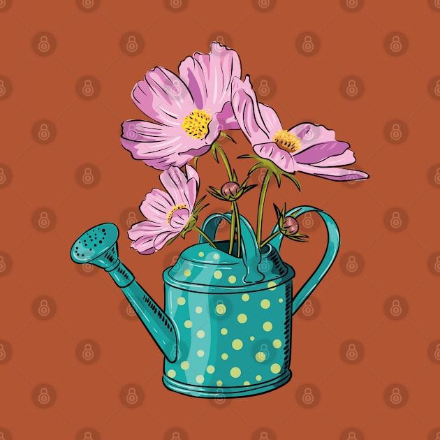 Pink cosmos flowers in a watering can by Catdog