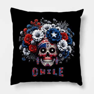 Santiago Chile Neon Sugar Skull Chilean Flag Style Graphic Pillow