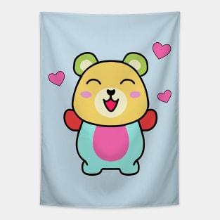 Happy smiling baby teddy bear with love hearts. Kawaii cartoon Tapestry