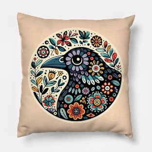 Whimsical folk art, loves crows, loves birds, crows, raven, a guardian of nature, sits among flowers, evoking a sense of protection. Pillow