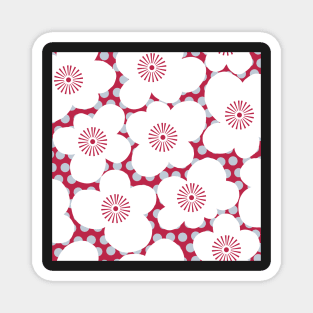 White retro blossoms and polka dots on viva magenta Magnet