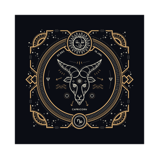 Capricorn Zodiac Gold White on Black Background T-Shirt