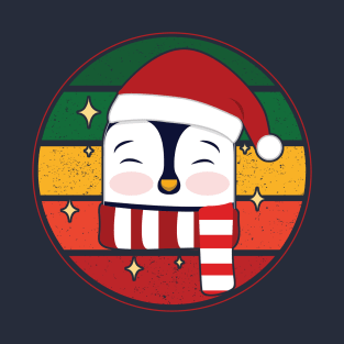 Xmas Penguin Santa Hat Winter Scarf Retro Vintage Distressed T-Shirt