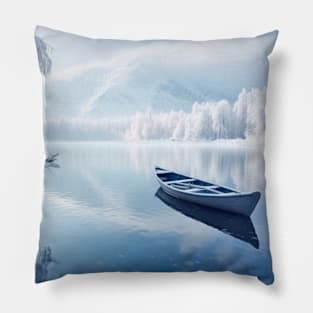 Lake Boat In Winter Serene Landscape Pillow