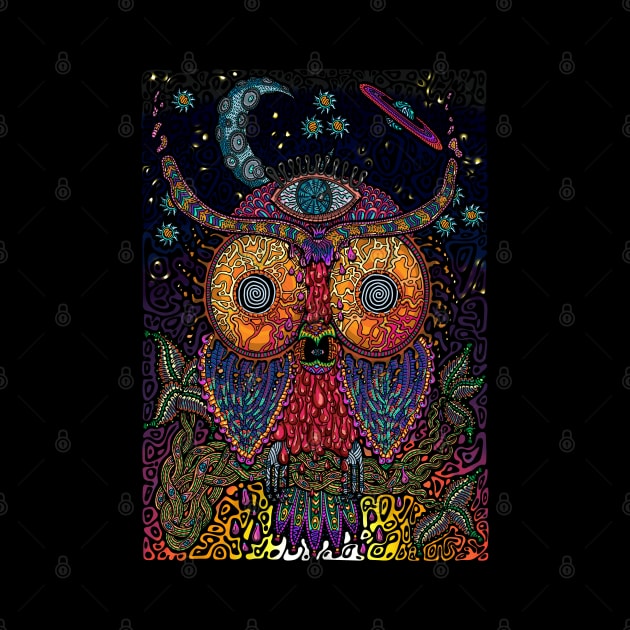 PSYCHEDELIC TRIPPY HORROR VACUI OWL ON BRANCH - full colour by Xotico Design