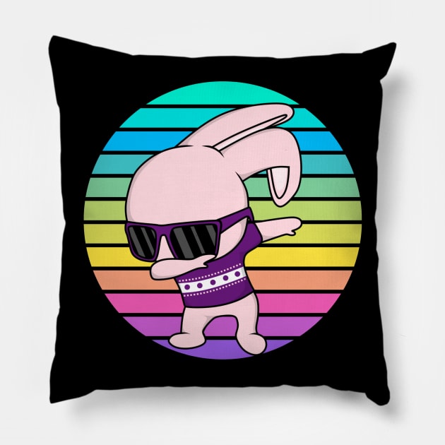 Funny Bunny Rabbit Dabbing with Rainbow Sunset Pillow by Calmavibes