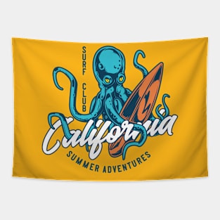 Vintage surfing octopus adventure Tapestry