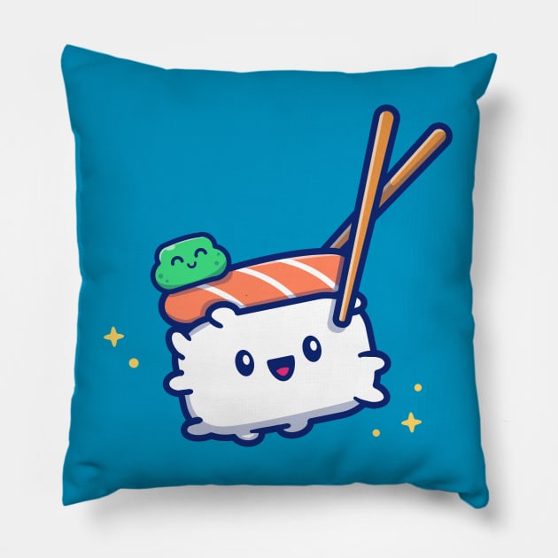 Cute Sushi With Chopstick Cartoon Vector Icon Illustration Pillow by Catalyst Labs