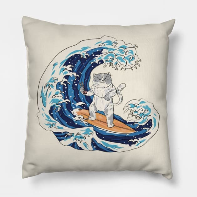 Japanese wave surfing cat Pillow by EdStark