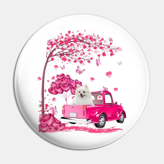 Valentine's Day Love Pickup Truck White Pomeranian Pin by TATTOO project