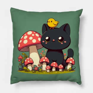 Black Cat With Yellow Bird in Mushroom Garden Pillow