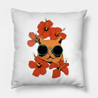 Cat And Hibiscus Flowers Pillow