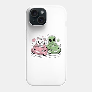 Funny cat and funny alien in crazy cars Phone Case