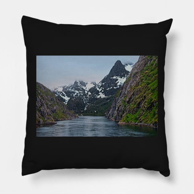 Entering Trollfjord at Midnight in Norway Pillow by MartynUK