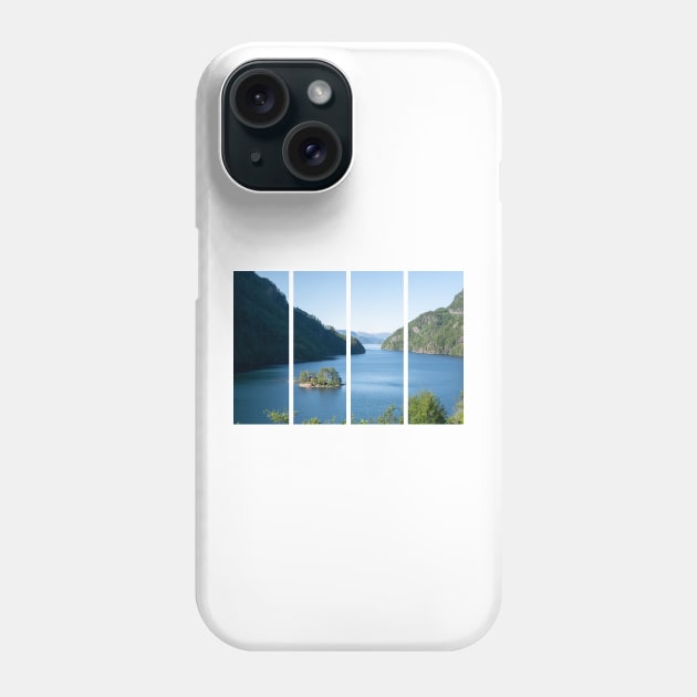 Wonderful landscapes in Norway. Beautiful scenery of a island with a red house on the Lovrafjorden fjord. Mountains with snow in background. Sunny day Phone Case by fabbroni-art