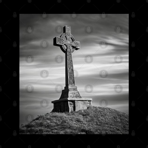 Celtic Cross on a Hill under a Cloudy, stormy sky in Black and Gray. by DesignsbyZazz