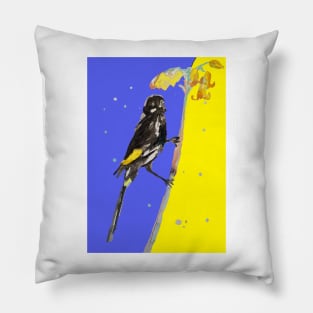 Australian Honeyeater Bird Painting - Navy and Yellow Pillow